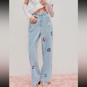 Cider demon mid waist floral cutout wide leg jeans